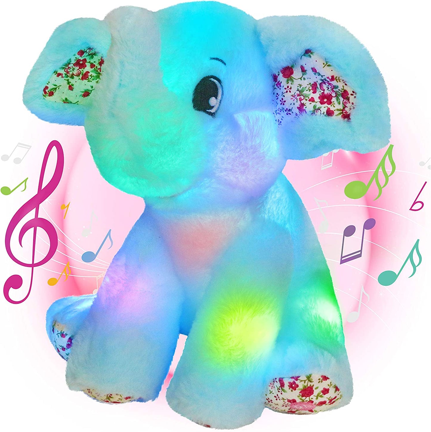 12‘’ Musical Light up Elephant Plush Toy Floppy LED Stuffed Animals Lullabies Nightlight Bedtime for Kids Birthday Valentines for Toddlers, Blue