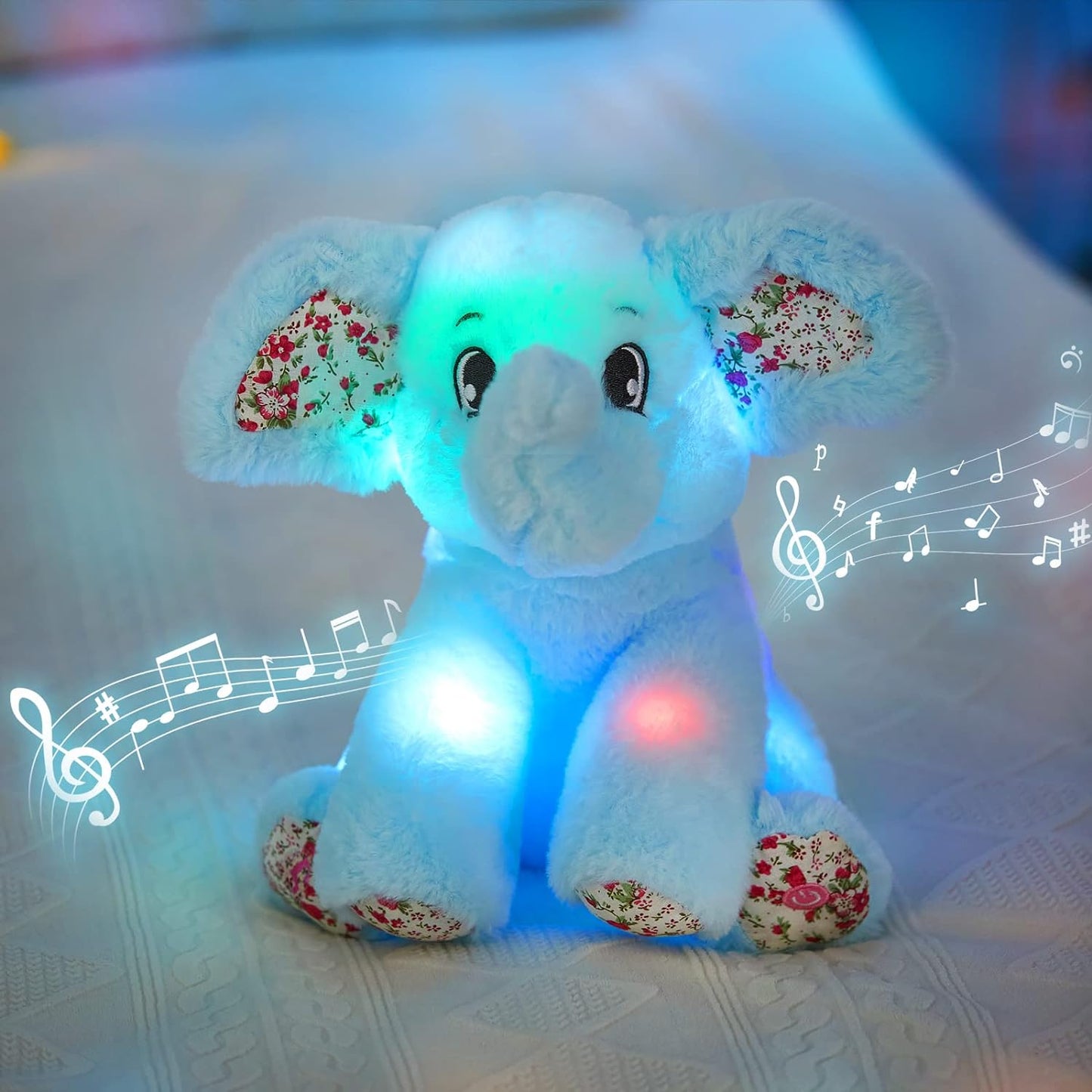 12‘’ Musical Light up Elephant Plush Toy Floppy LED Stuffed Animals Lullabies Nightlight Bedtime for Kids Birthday Valentines for Toddlers, Blue