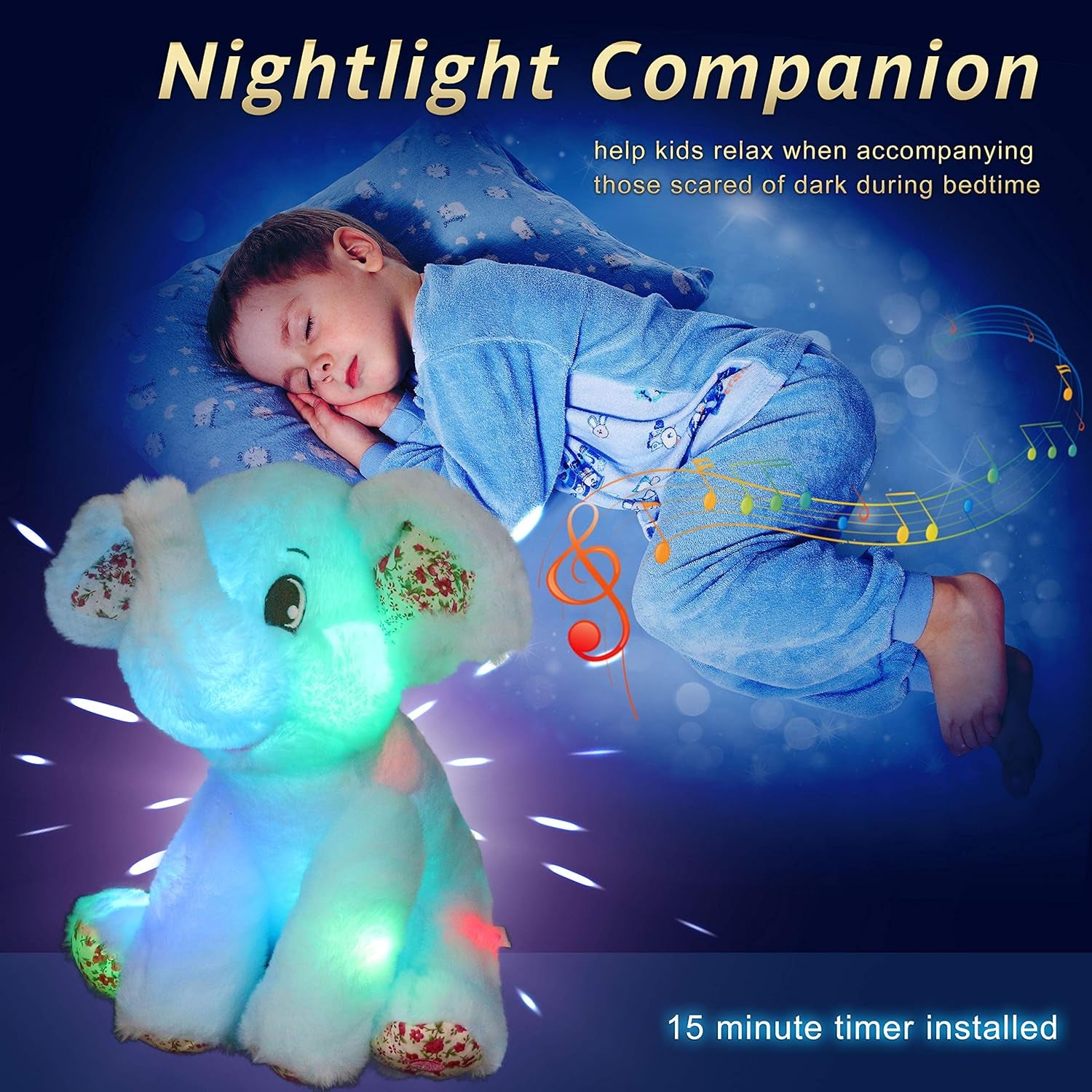 12‘’ Musical Light up Elephant Plush Toy Floppy LED Stuffed Animals Lullabies Nightlight Bedtime for Kids Birthday Valentines for Toddlers, Blue