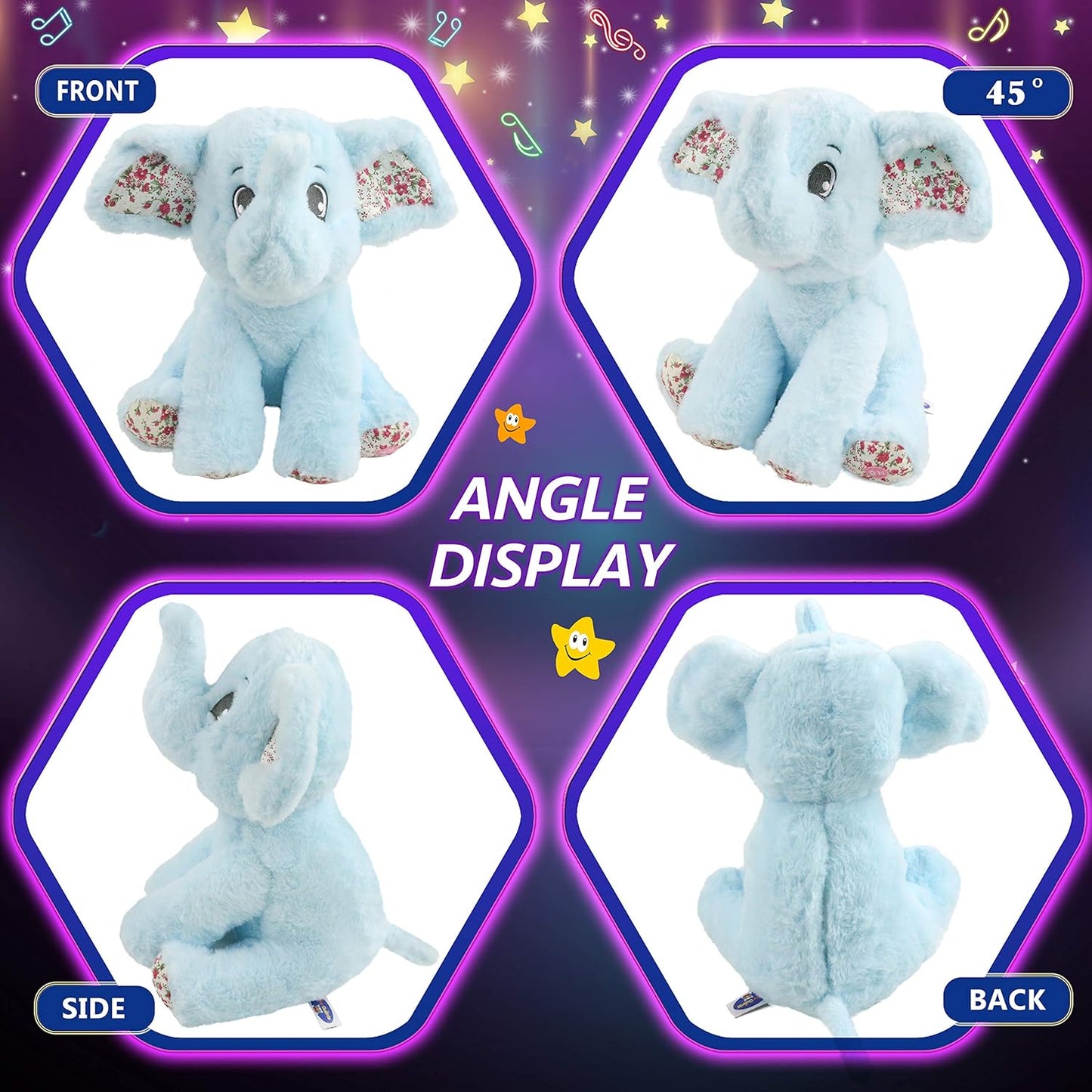 12‘’ Musical Light up Elephant Plush Toy Floppy LED Stuffed Animals Lullabies Nightlight Bedtime for Kids Birthday Valentines for Toddlers, Blue